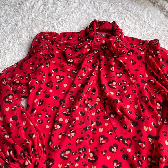 Chico’s heart animal leopard print blouse‎ tie neck bow balloon sleeve red black - Picture 6 of 17